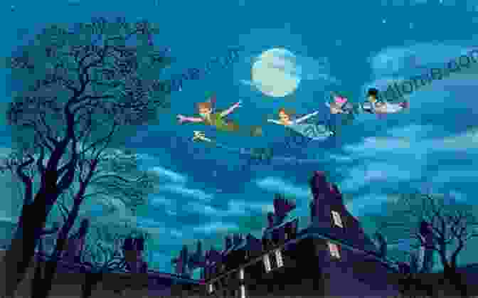 Delightful Illustration Of Peter Pan And Wendy Flying Over The Rooftops, With Stars Twinkling In The Night Sky. A Tangled Tale Illustrated